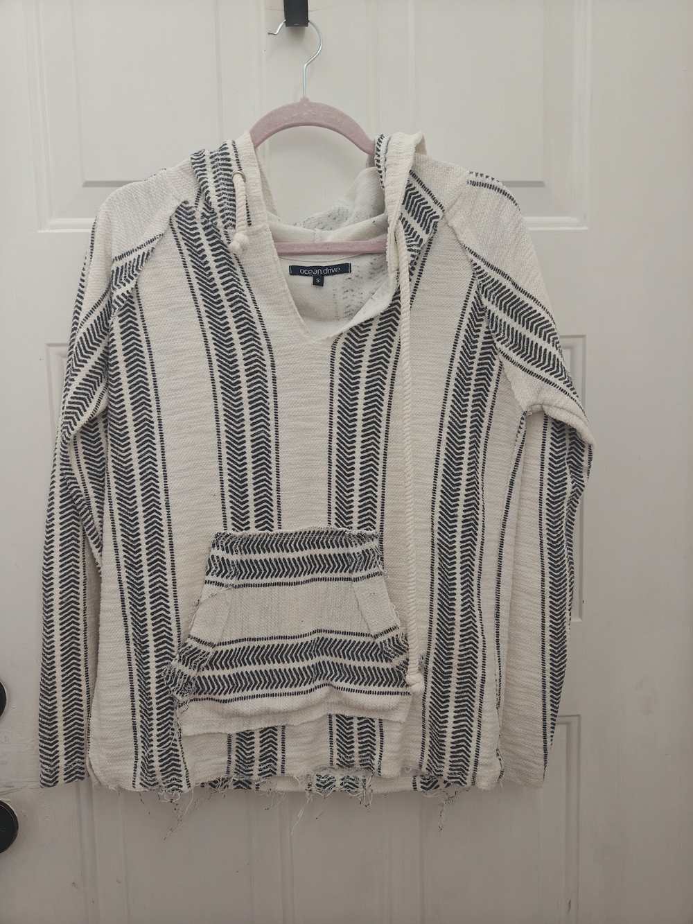 Ocean Drive Cream and Black Striped Cowl Hoodie Sweater
